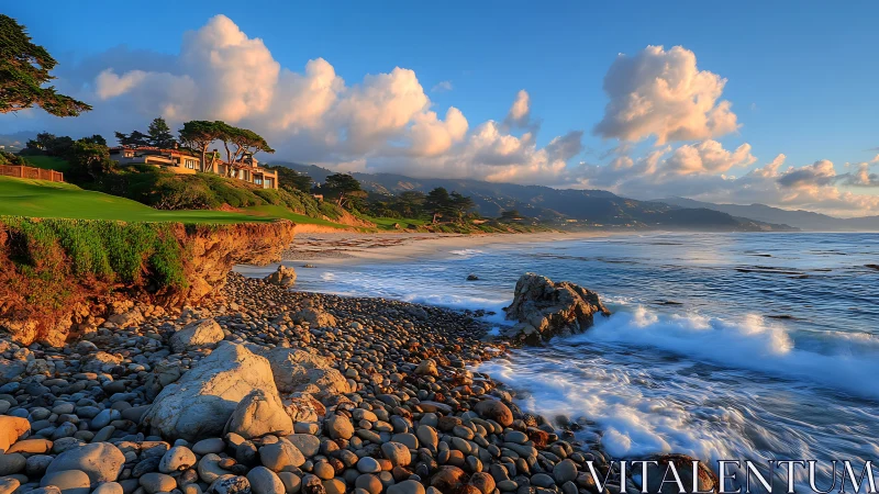 Golden coastal bluff home above rocky surf at sunset glow.