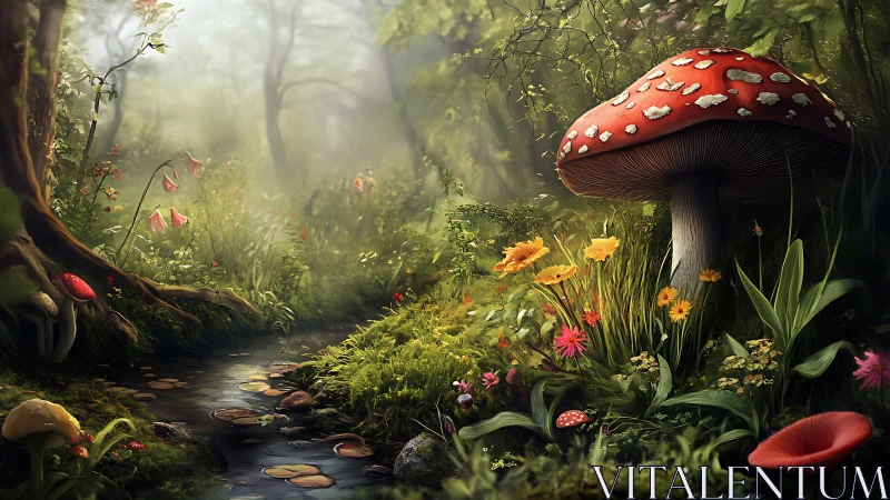 Giant ruby toadstool keeps gentle watch over a mossy stream
