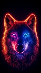 Neon wolf portrait glows in dual-colored cyber light.
