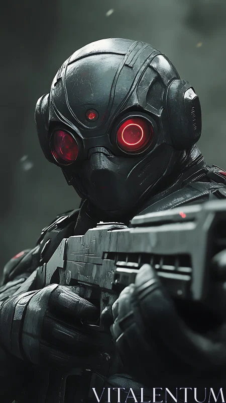 Armored cyber soldier aims rifle with glowing red optics
