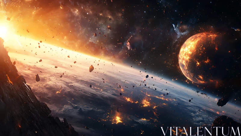 Planetary cataclysm unfolds in fiery cosmic collision scene.