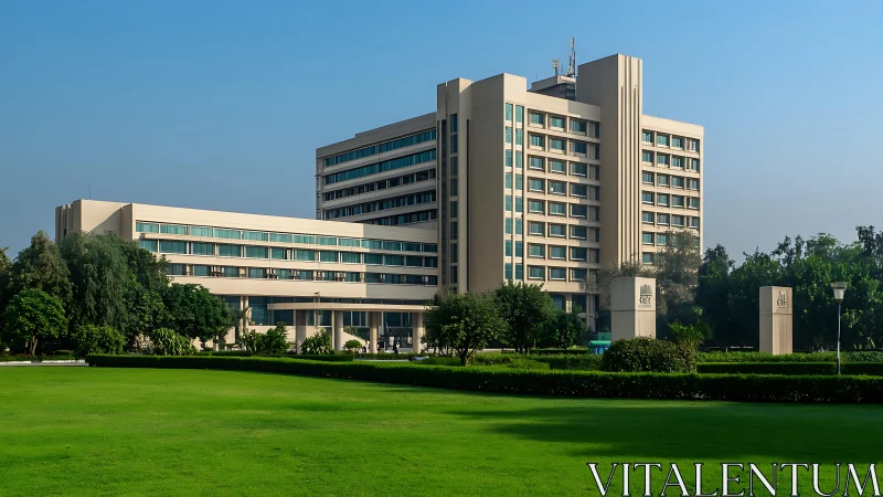 Modern institutional building with landscaped green lawn.