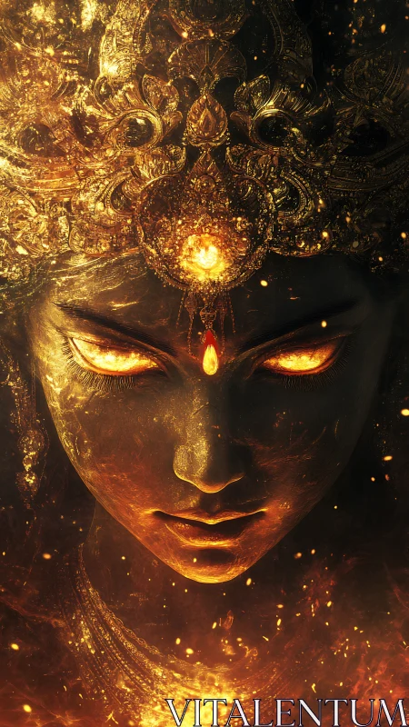 Fiery goddess portrait with molten gold crown and gaze.