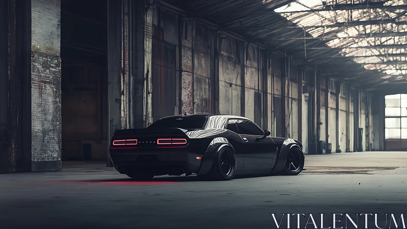 Blacked-out muscle car under skylit abandoned warehouse roof.