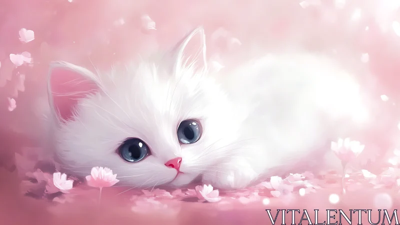 Porcelain Dream: White Kitten Nestled in Blooming Pink Reverie