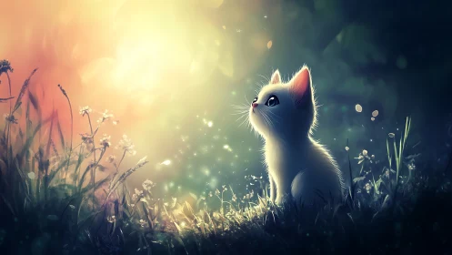 White cat in meadow with ethereal light and floating particles.