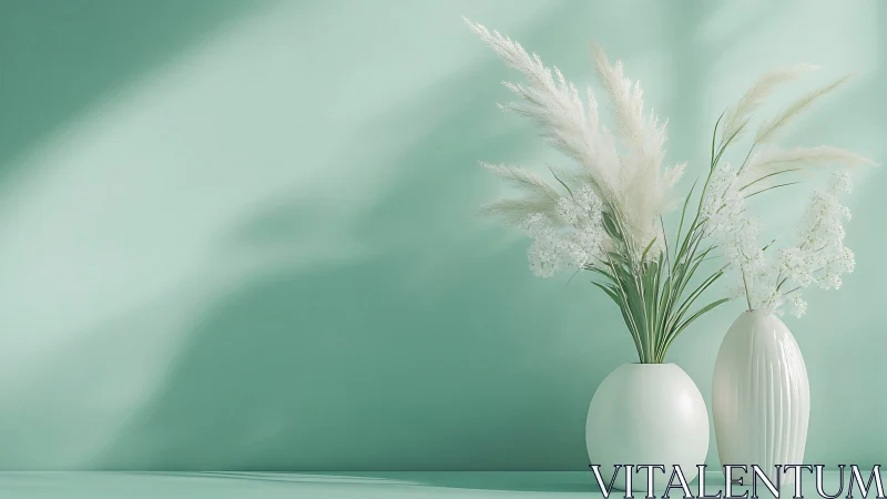 Minimal pampas arrangements in soft mint interior light.