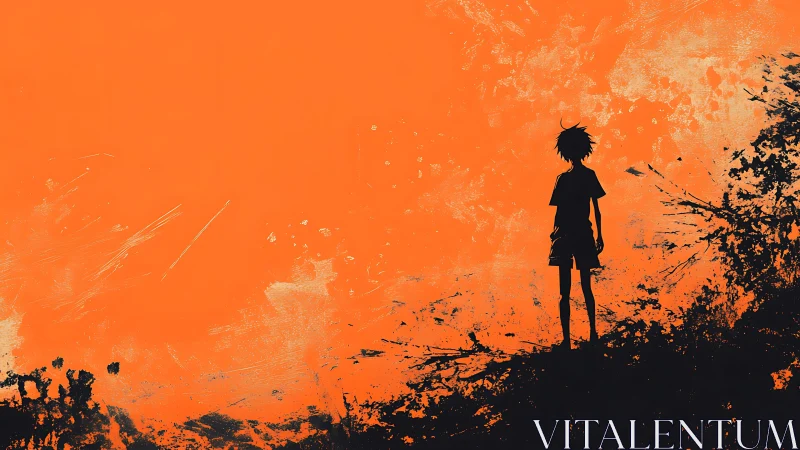 Silhouetted boy stands against rough orange abstract field.