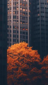 Urban high-rises frame dense orange foliage in foreground