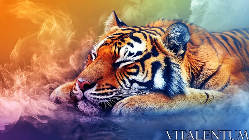 Resting tiger amid multicolored vapor gradient background.