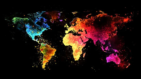 World map silhouette uses multicolor splatter distribution