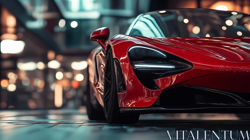 Midnight city lights gliding over a glossy red supercar.