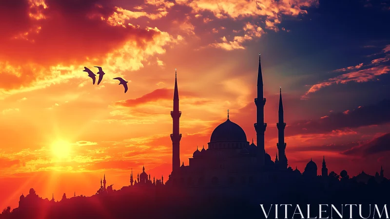 Sunset minarets carve a glowing sky of ember and dusk.