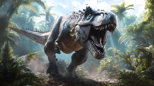 Roaring T Rex charges through dense prehistoric jungle.