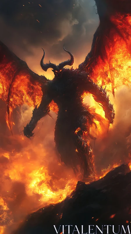 Infernal winged demon rises through volcanic firestorm.