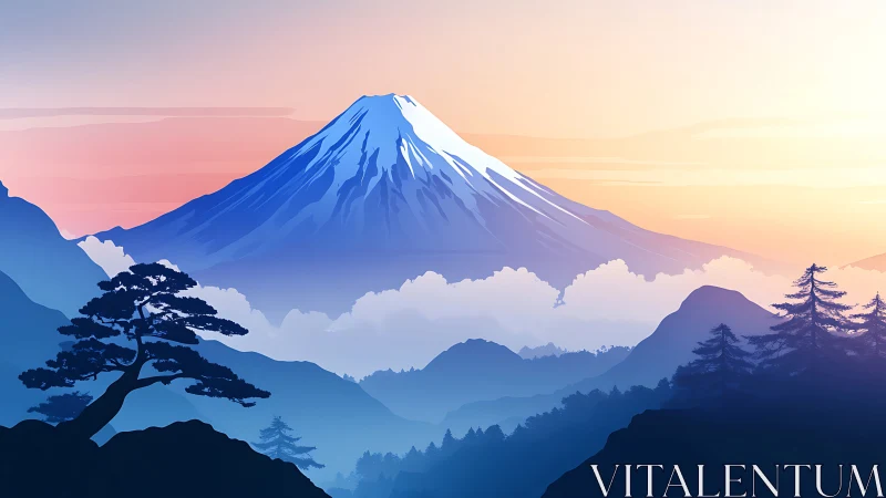 Serene snow-capped peak above misty blue valleys at dawn.