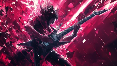 High-energy electric guitarist framed by angular crimson motion vectors