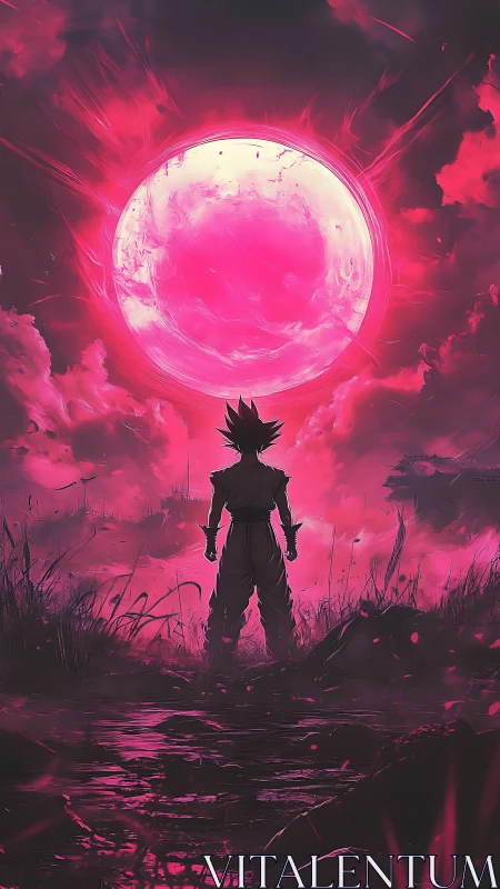 Warrior crowned by a blazing crimson cosmic sphere.