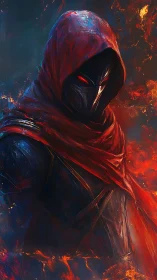 Hooded masked figure stands in fiery, high-contrast lighting