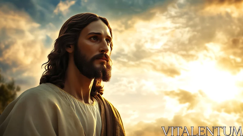 Sunlit prophet gazes beyond golden-cloud horizons.