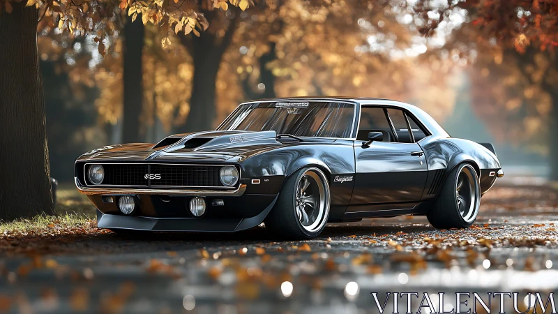 Classic muscle car rests under warm autumn boulevard canopy.