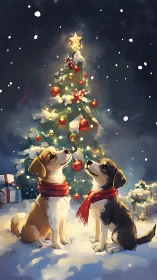 Puppy pals sharing cozy wonder under a glowing Christmas tree.