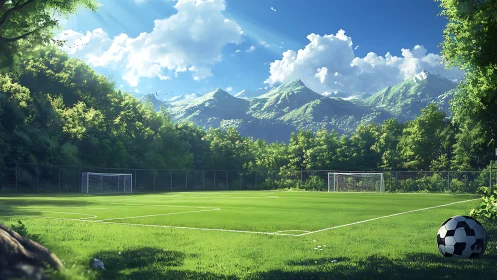 Sunlit mountain soccer pitch with precision turf and depth cues