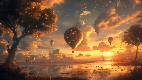 Sunlit balloons drift through firefly dusk above quiet waters
