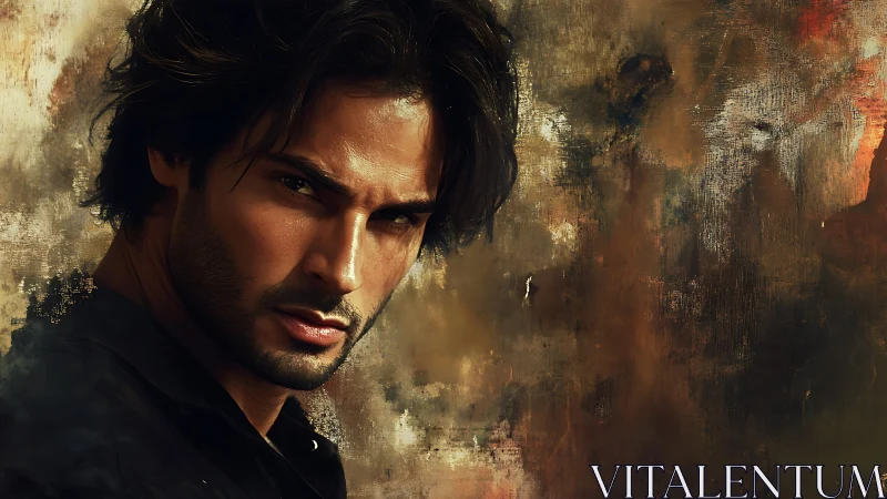 Moody male portrait against textured abstract pigment field.