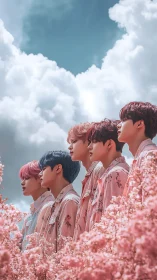 Dreamy friends standing together in soft pink blossoms.