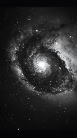 Monochrome spiral galaxy core amid dense star field.