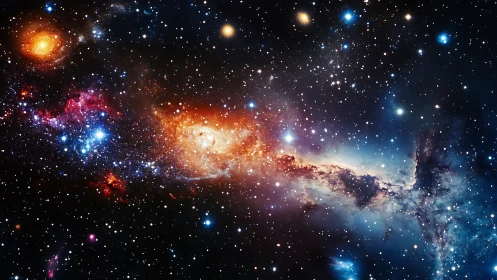 Glowing galaxies drift in a colorful, star-filled cosmic sea