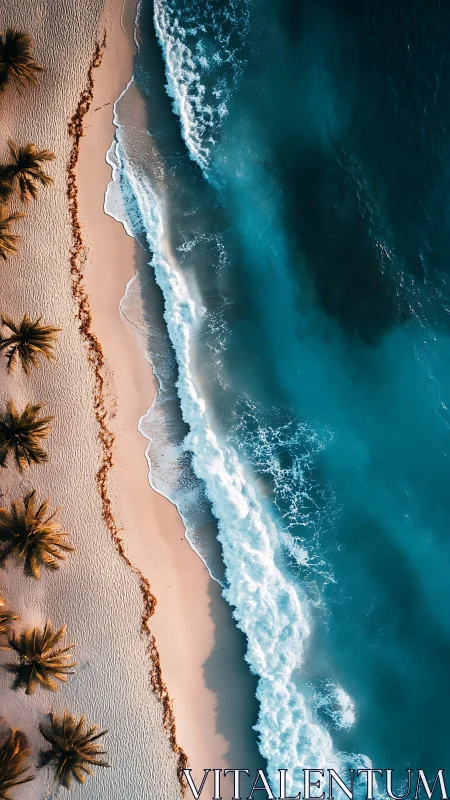 Drone view of tropical beach, turquoise sea and waves.