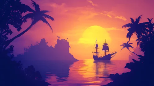 Sunset clipper silhouette in neon tropical bay seascape.