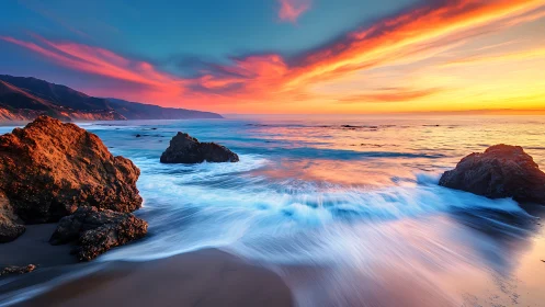 Sunset waves roll gently between glowing coastal rocks