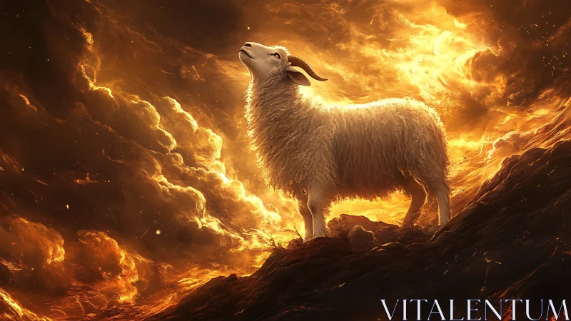 White sheep stands on dark ridge amid luminous cloud field