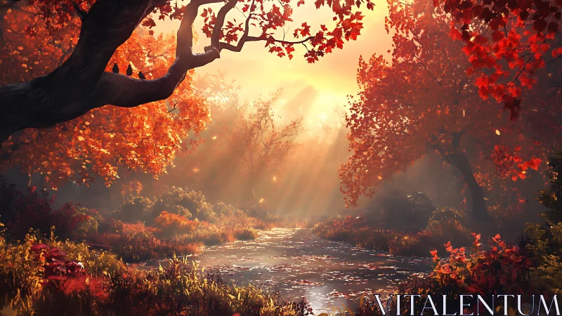 Volumetric autumn sunlight penetrates dense forest foliage