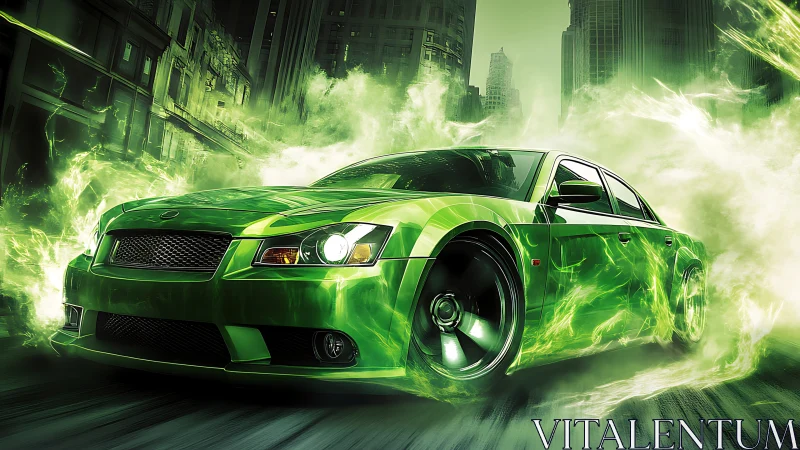 Neon green street racer surges through smokey cityscape.