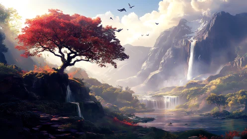 Crimson tree crowns a luminous valley of misty waterfalls.