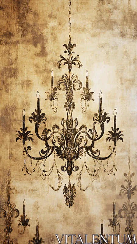 Ornate baroque chandelier stencil on distressed sepia wall surface