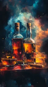 Spirits and Liquor Bottles Against Atmospheric Cloud Background