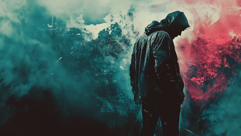 Hooded figure stands in moody teal and red foggy scene.
