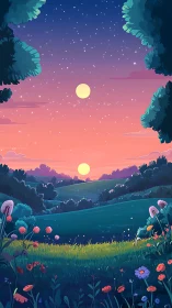 Twin suns glow above a tranquil twilight meadow landscape.