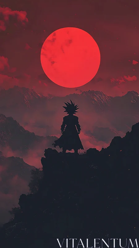 Silhouetted warrior beneath oversized crimson eclipse.