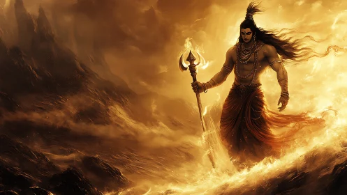 Mythic warrior strides through blazing golden storm.