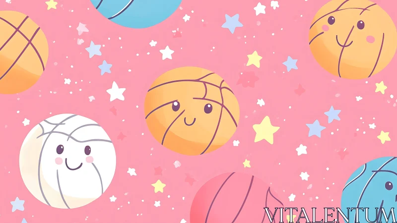 Pattern of stylized basketballs with faces on pink field.