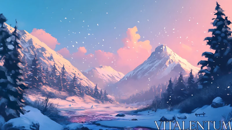 Snowlit mountains whisper in pink dusk over a frozen river