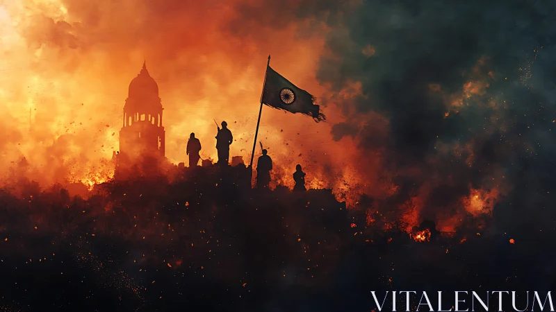 Silhouetted Revolutionaries with Flag Against Inferno Sky and Domed Monument