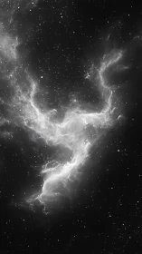 Nebula ghost unwinds in monochrome star-salted night sky.