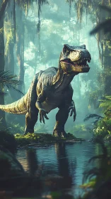 Predatory T. rex stalks misty primeval jungle riverbank.
